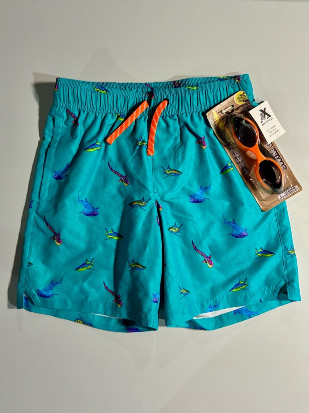 Boys Teal Swim Trunks with Fish Print & Goggles